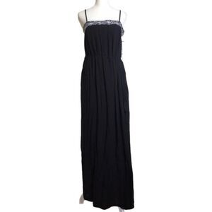 Lulus Dress Womens Small Black Rockaway Beach Embroidered Maxi‎ Gauzy Strappy